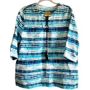 Rudy Rd. Women's M Blue Tie-Dye Top 100% Linen 3/4 Sleeves AccentBlackTassels